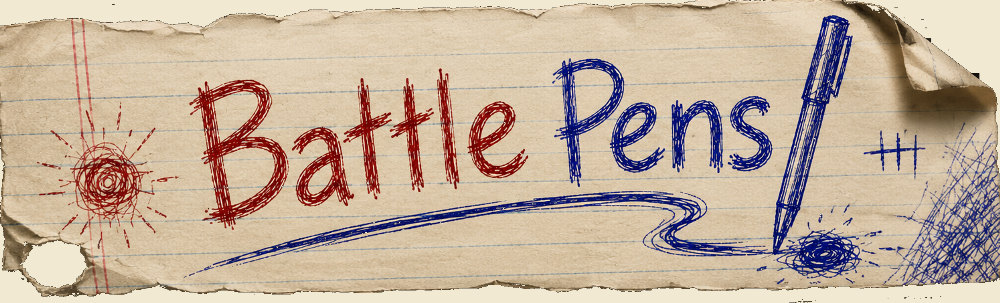 BattlePens, written in red and blue biro on a torn scrap of exercise book paper